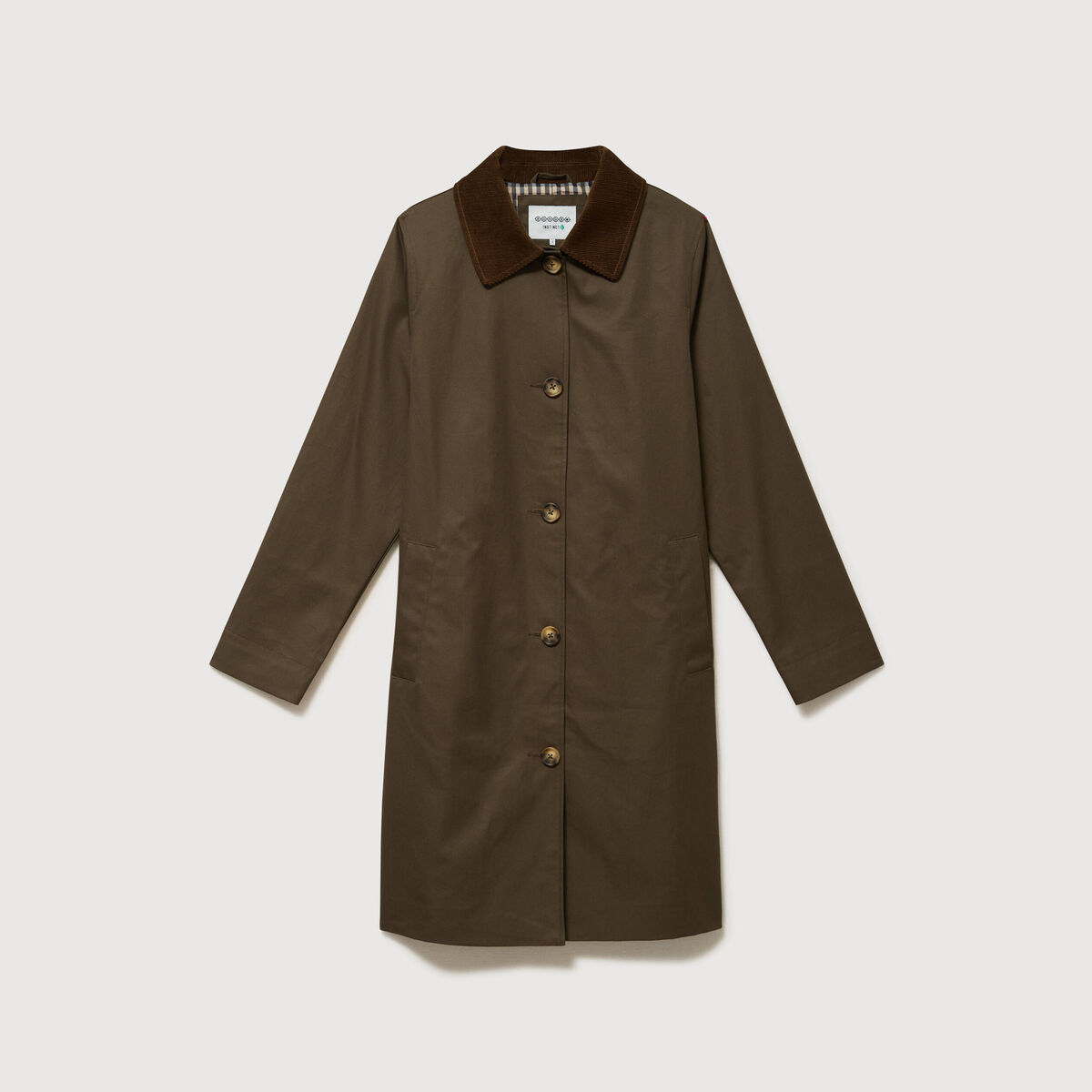 Trench droit long en coton doubl&eacute; vert kaki femme