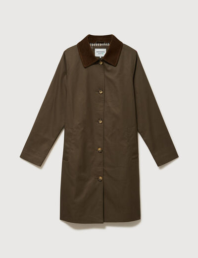 Trench droit long en coton doubl&eacute; vert kaki femme