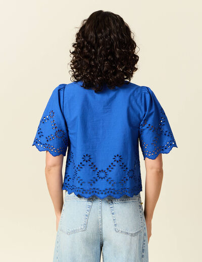 Blouse manches courtes brodée bleu electrique femme