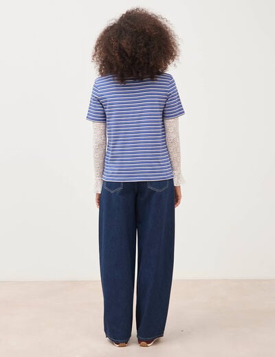 T-shirt ray&eacute; col rond manches courtes bleu electrique femme