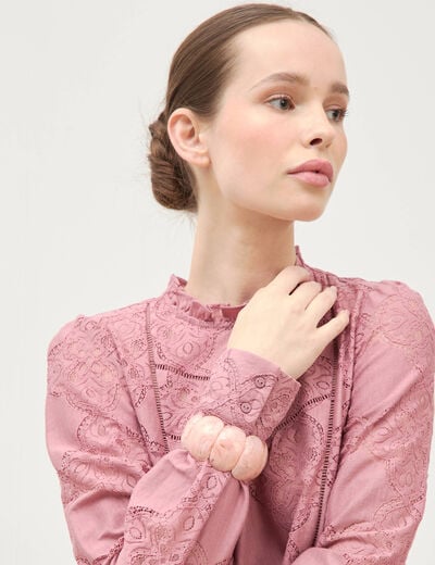 Blouse cintr&eacute;e dentelle manches longues vieux rose femme