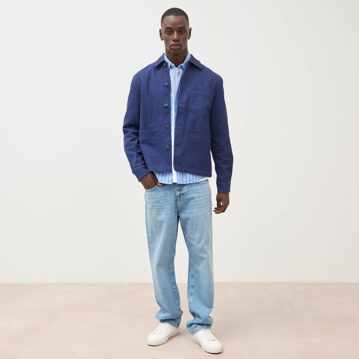 Surchemise droite en coton bleu fonc&eacute; homme