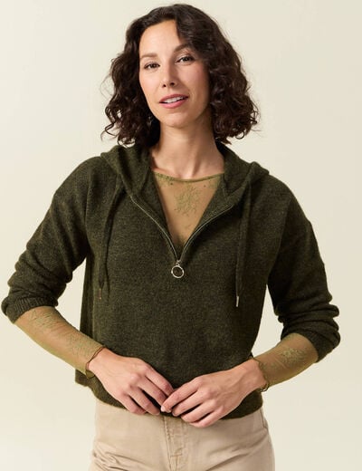 Pull &agrave; capuche zipp&eacute; vert kaki femme
