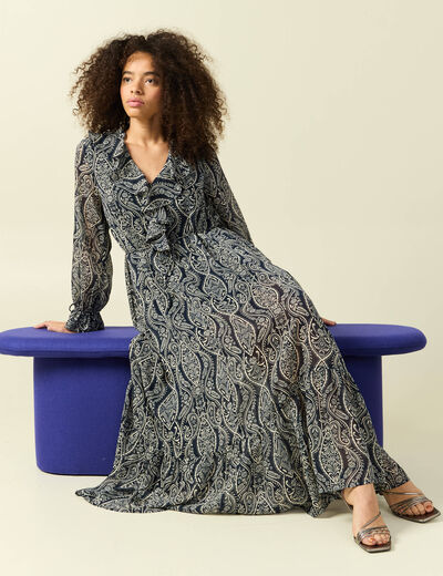Robe longue &eacute;vas&eacute;e col v manches longues bleu marine femme