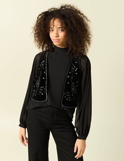 Veston court droit en velours noir femme