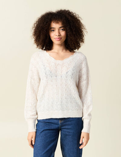 Gilet ajour&eacute; col V manches longues ecru femme