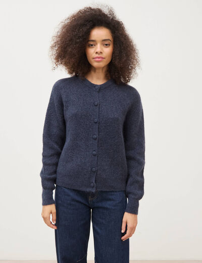 Gilet manches longues col rond bleu fonc&eacute; femme