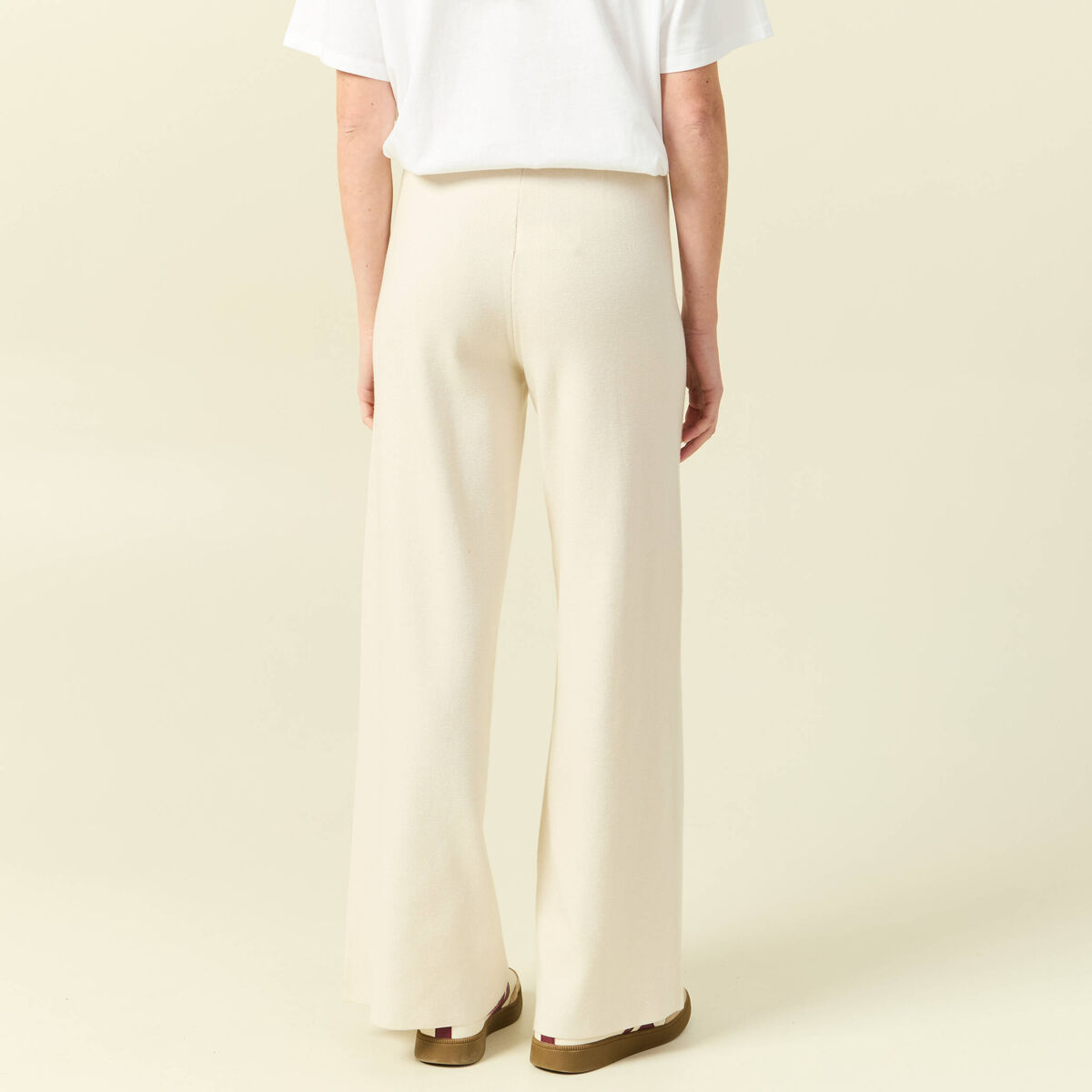 Pantalon large taille haute en maille creme femme