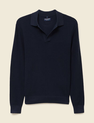 Pull droit col polo manches longues bleu marine homme