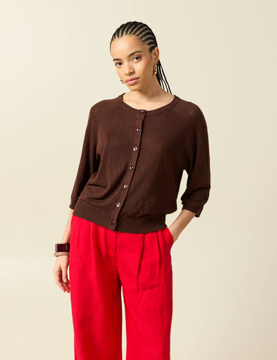 Gilet droit court manches longues marron fonc&eacute; femme