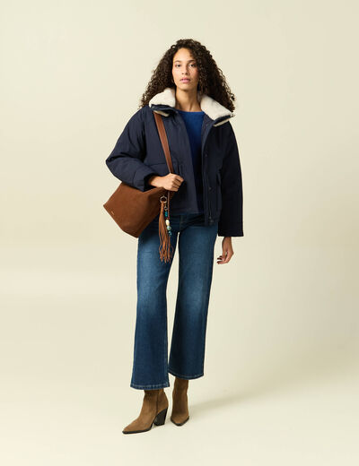 Manteau droit court col classique bleu fonc&eacute; femme