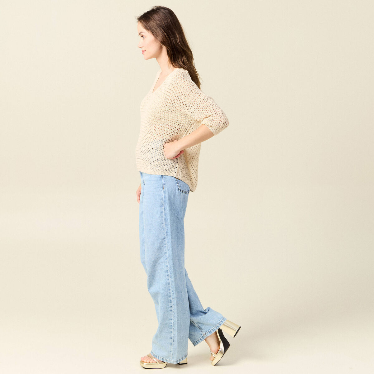 Pull col en V éco-responsable creme femme