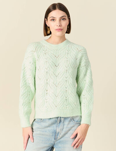 Pull ajour&eacute; droit court manches longues vert pastel femme