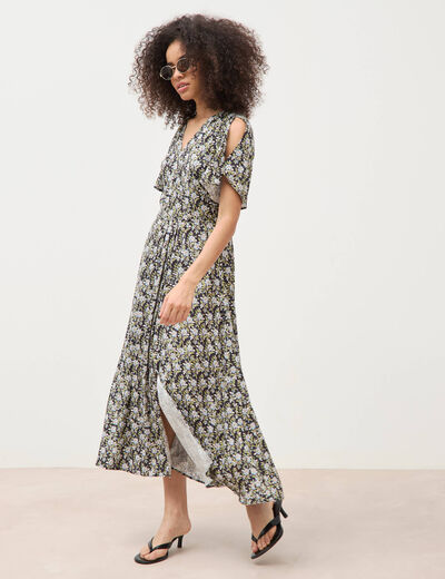 Robe fluide col v manches courtes noir femme