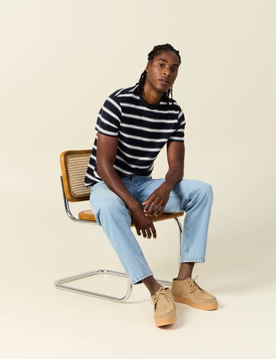 T-shirt ray&eacute; col rond manches courtes ecru homme