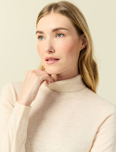 Pull fin col roul&eacute; manches longues creme femme