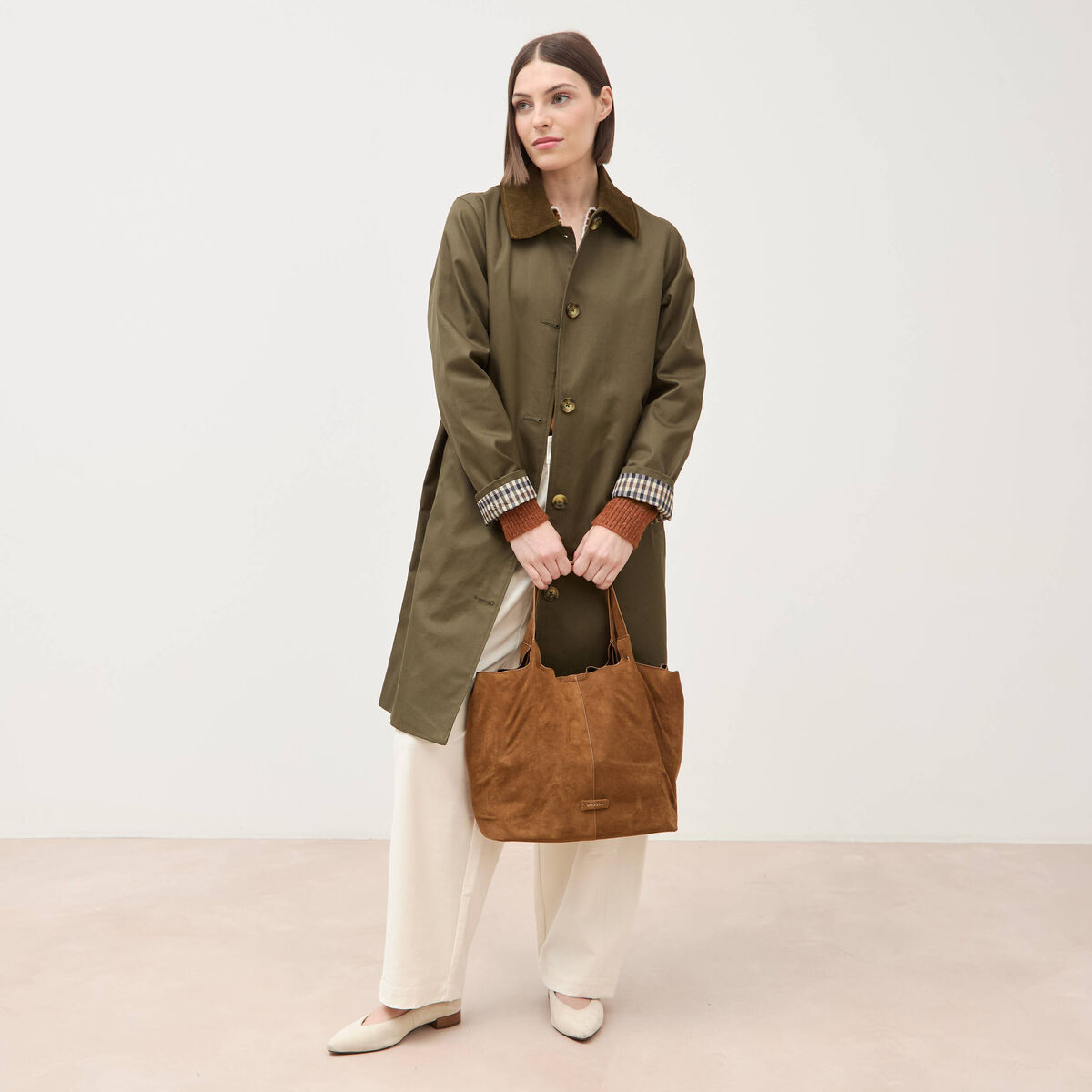 Trench droit long en coton doubl&eacute; vert kaki femme