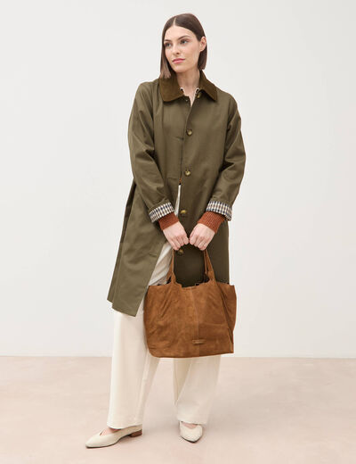 Trench droit long en coton doubl&eacute; vert kaki femme