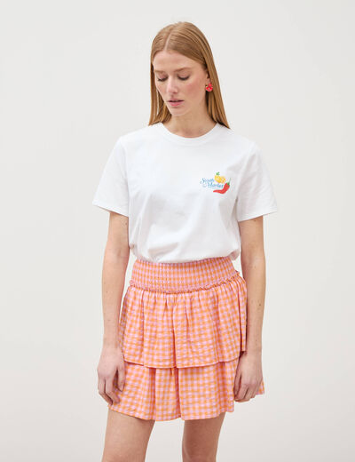 Jupe fluide &agrave; carreaux doubl&eacute;e orange abricot femme