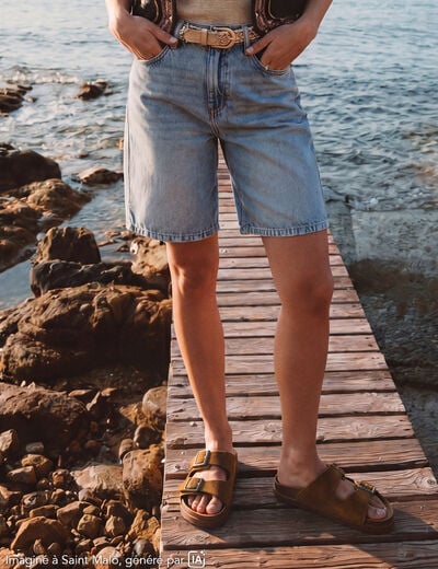 Bermuda large taille haute en coton denim used femme