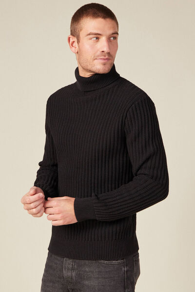 Pull manches longues col roulé noir homme