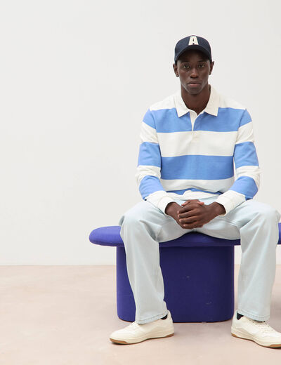 Polo manches longues broderie bleu violet homme