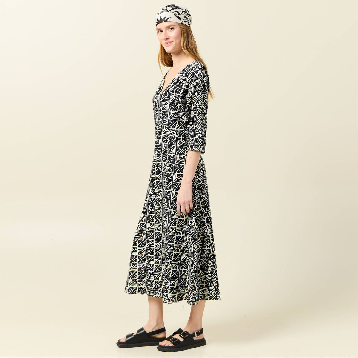 Robe midi droite manches 3/4 creme femme