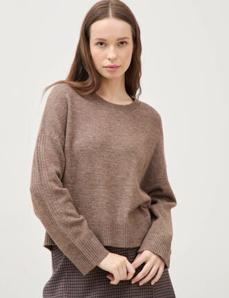 Pull col rond manches longues marron femme