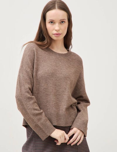 Pull col rond manches longues marron femme