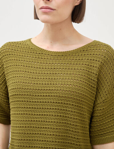Pull col rond manches courtes vert kaki femme