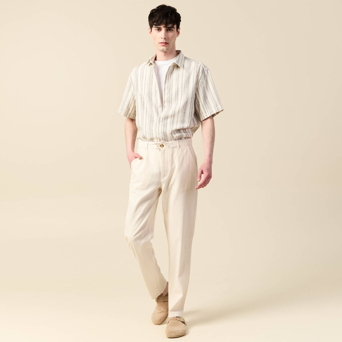 Chemise col classique manches courtes ecru homme