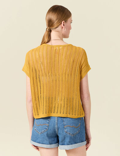 Pull oversize ajour&eacute; col bateau jaune femme