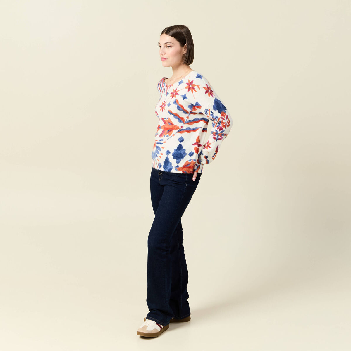 Pull col rond manches longues ecru femme
