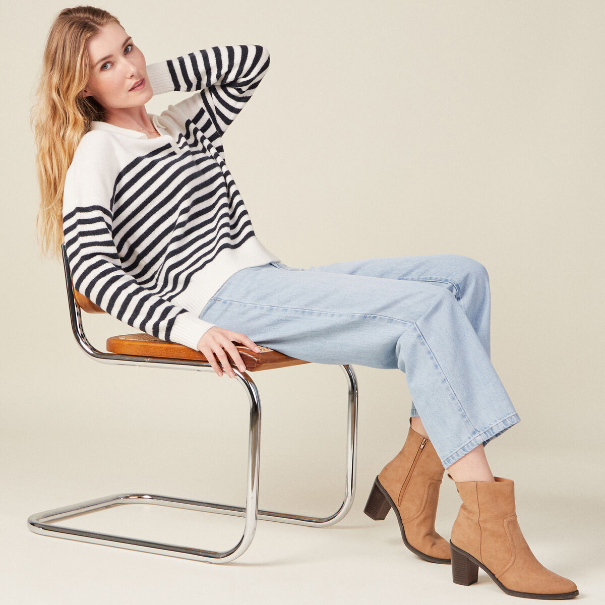 Pull col polo ecru femme