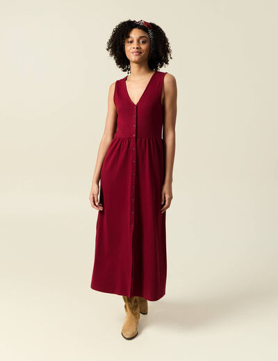 Robe longue droite boutons rouge femme