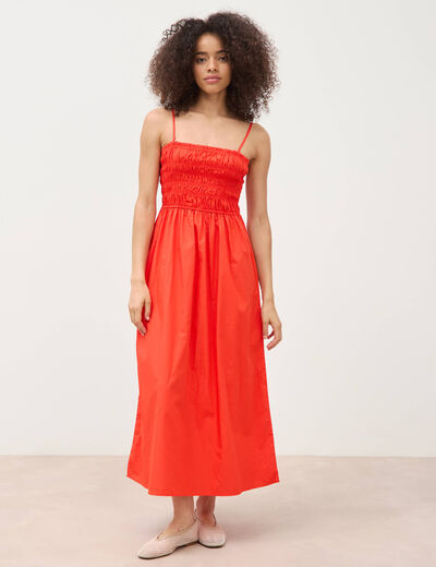 Robe bretelles col carr&eacute; en coton orange fonc&eacute; femme