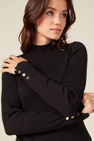 Pull manches longues côtelé noir femme