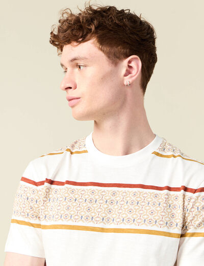 T-shirt ray&eacute; col rond manches courtes ecru homme
