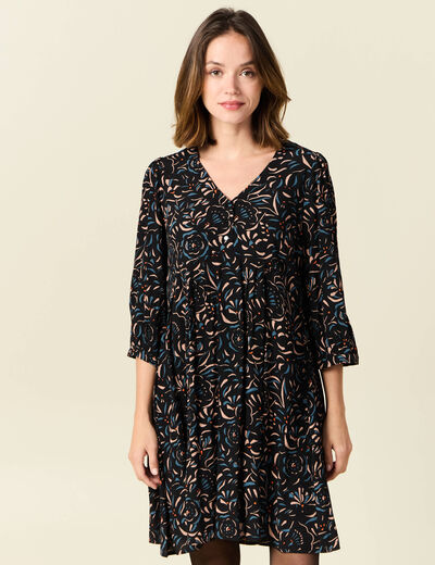 Robe évasée manches 3/4 noir femme