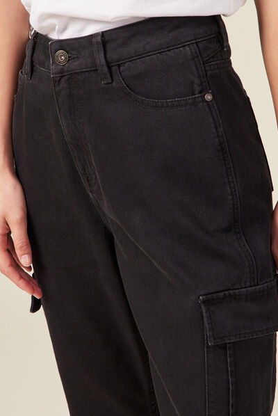 Jeans cargo taille haute denim noir femme