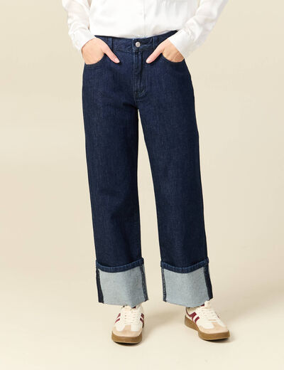 Jeans large taille haute 3/4 denim brut rinse femme