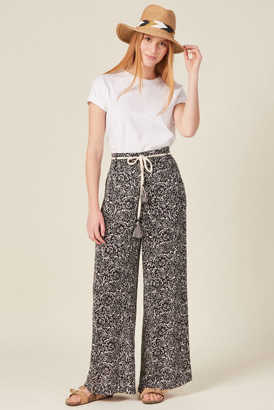 Pantalon large fluide ceinturé noir femme