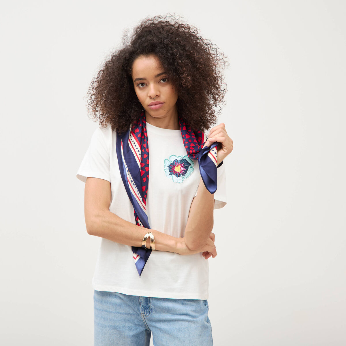 T-shirt droit col rond manches courtes ecru femme