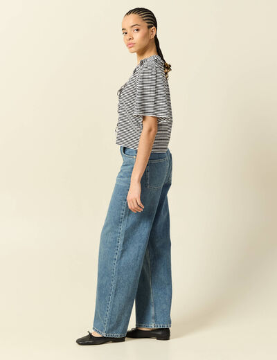 T-shirt col V &agrave; volants manches courtes ecru femme