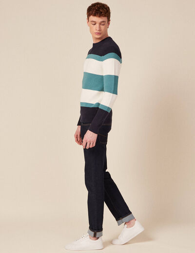 Pull fin col rond manches longues bleu p&eacute;trole homme