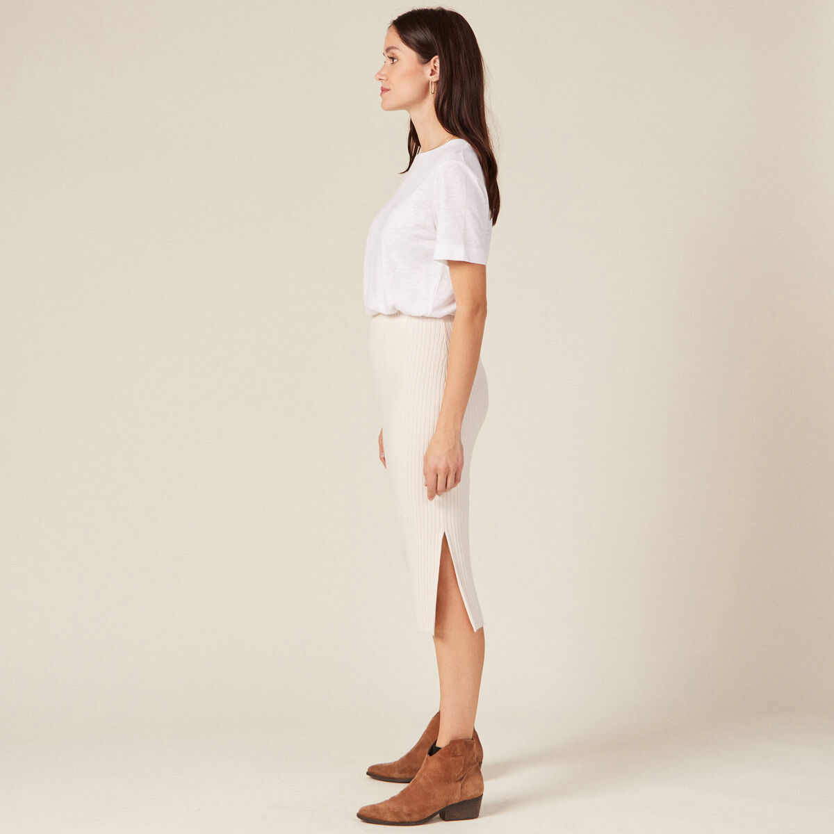 Jupe tricot midi ajustée beige femme