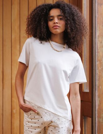 T-shirt droit col rond avec dentelle ecru femme