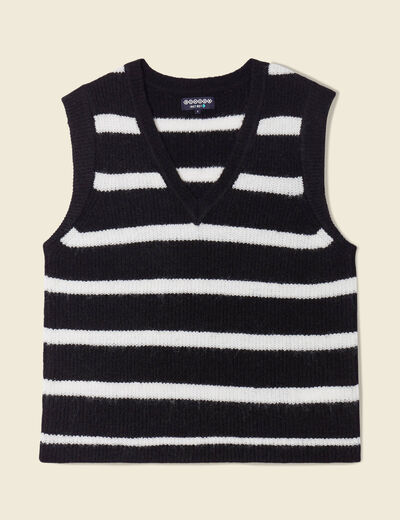 Pull droit court sans manches col v noir femme