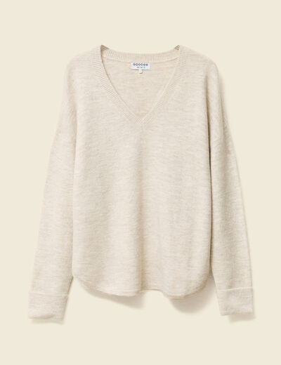 Pull manches longues col en V creme femme