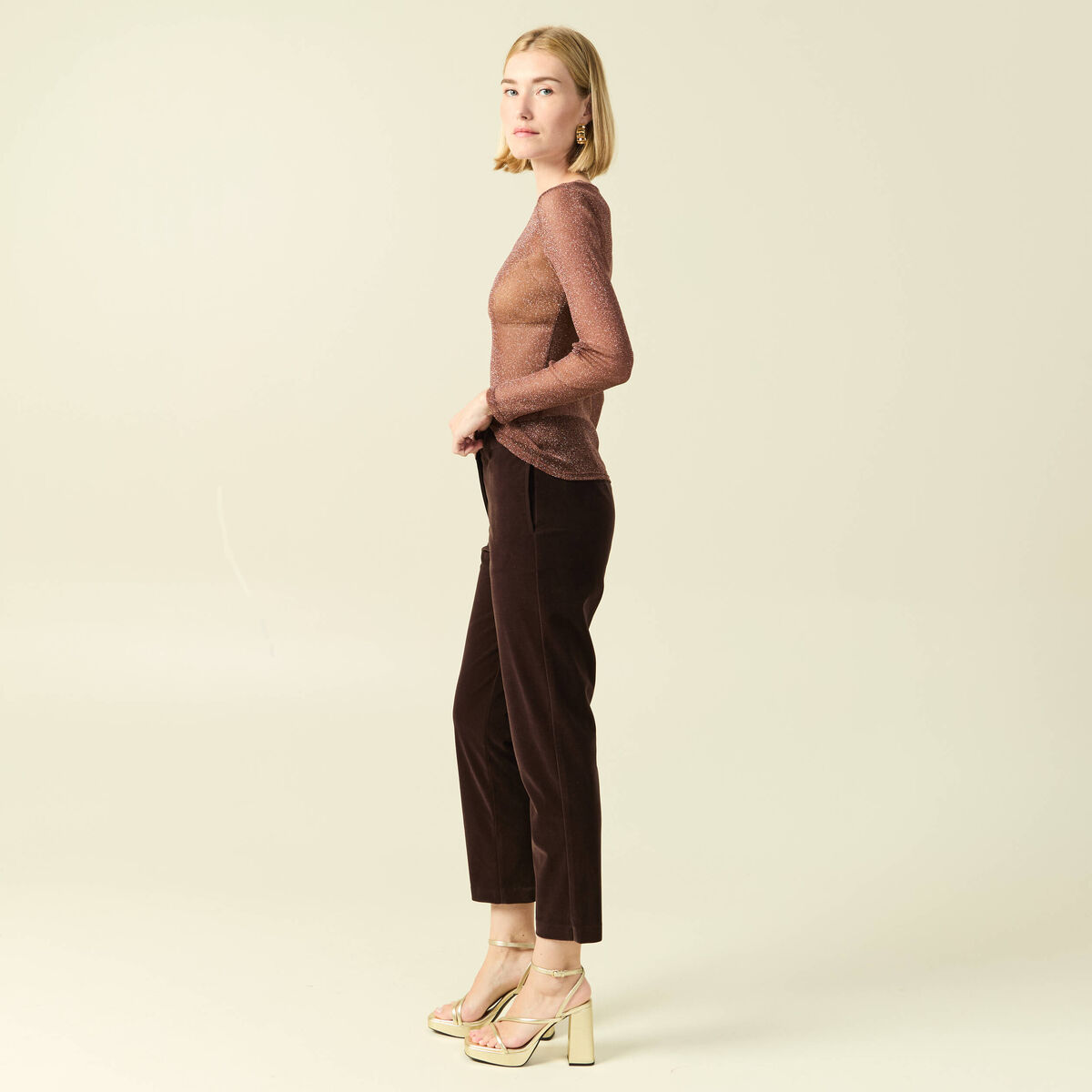 T-shirt manches longues col rond marron femme
